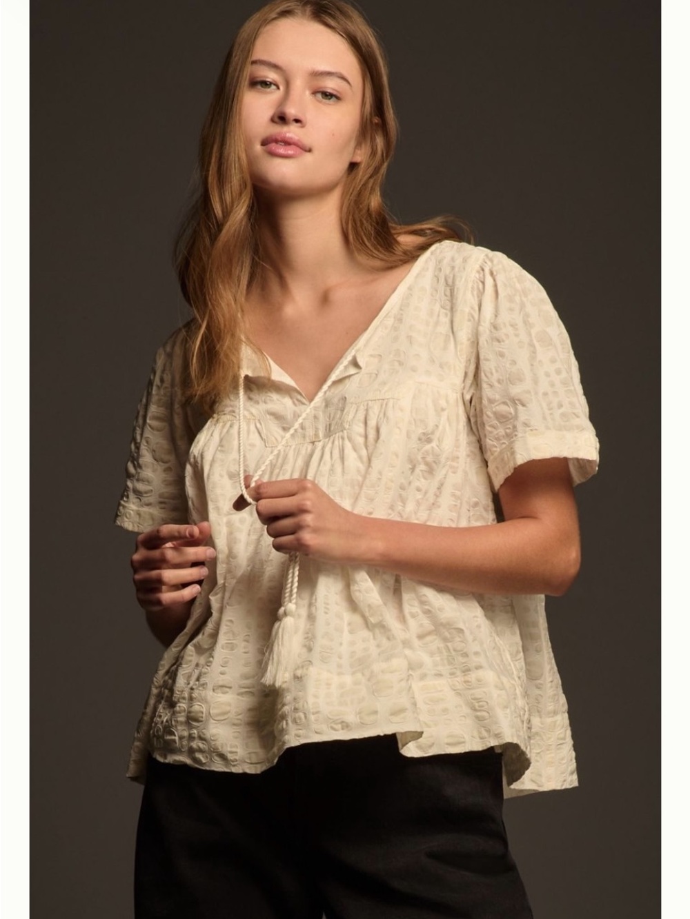 Anthropologie XL Women's Cream Textured Tie-Front Peasant Top